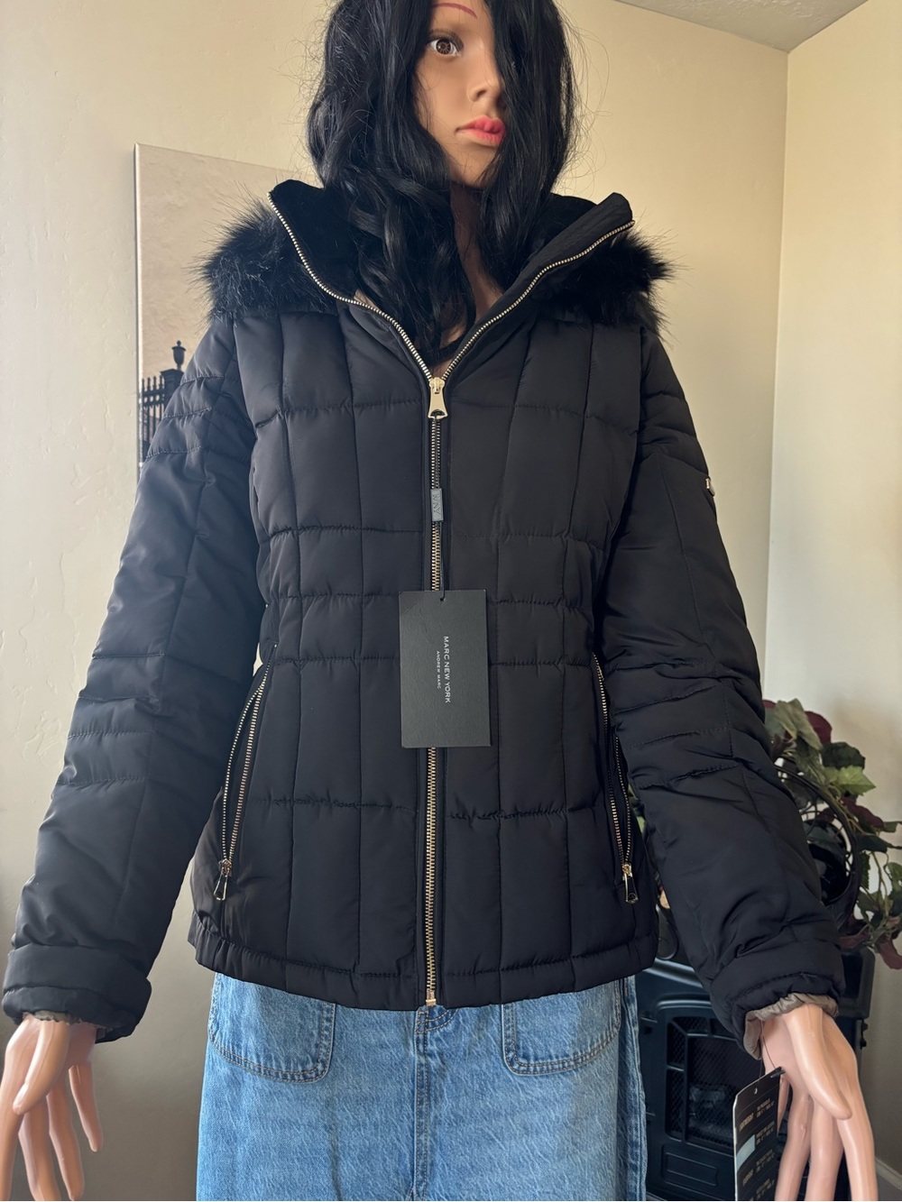 Black Quilted Puffer Jacket with Faux Fur Trim Hood